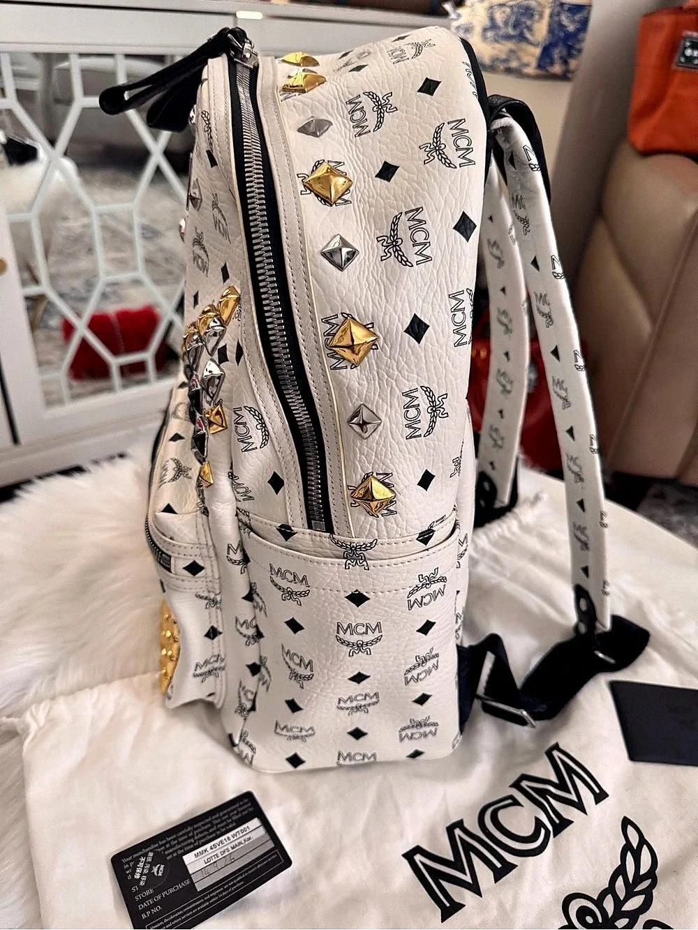 MCM Stark Side Studs Backpack in White & Black